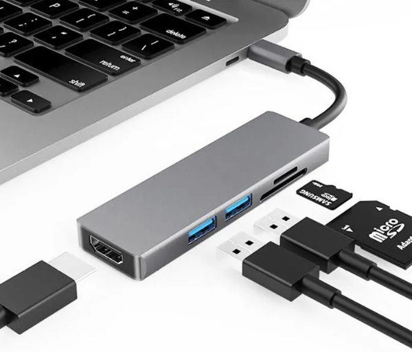 Адаптер переходник USB Hub "5 в 1" Type-C - HDMI + 2 х USB 3.0 + SD и ...