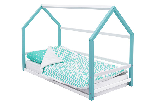 Кровать домик детская, массив (эмаль), 160х70, Монтессори мятно-белый ...