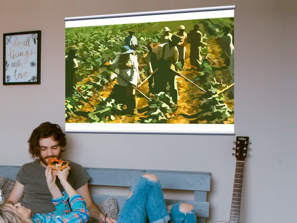 Картина на холсте \"Земледелие, поле, рабочие\" 120x90 см. с алюминиевым ...