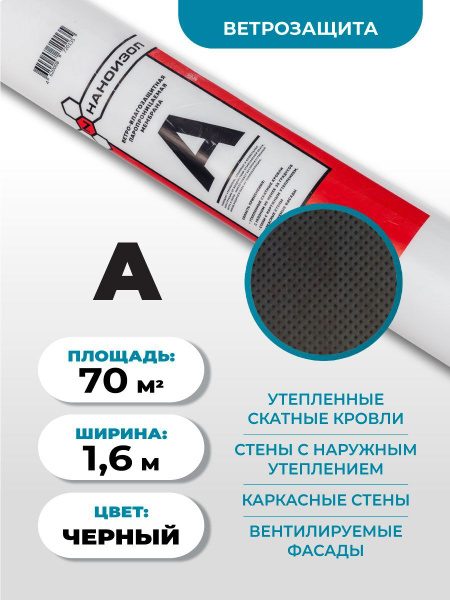 Ветро-влагозащита для дома, бани, крыши, стен Наноизол A Black (1,6*43 ...