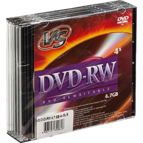 Диск DVD-RW VS 4.7 ГБ 4x slim box VSDVDRWSL501 (5 штук в упаковке ...