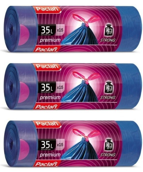 Paclan Мешки для мусора с тесьмой Premium, 35 л, 15 шт, ПВД, 3 уп ...