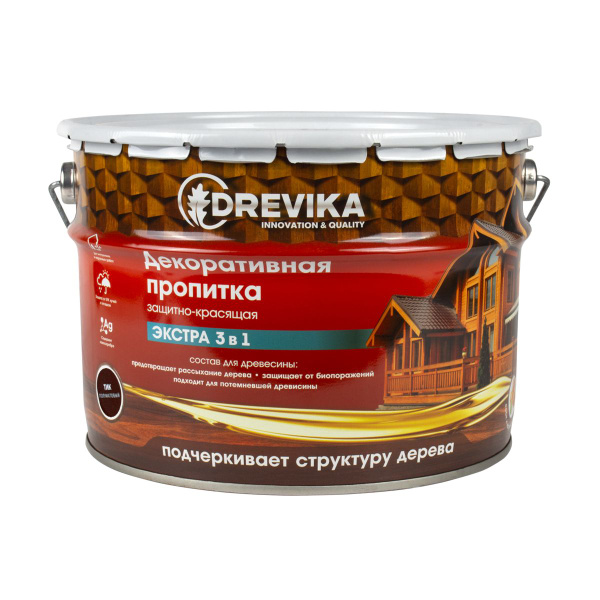 Декоративная пропитка для дерева Drevika Экстра 3 в 1, полуматовая, 9 л ...