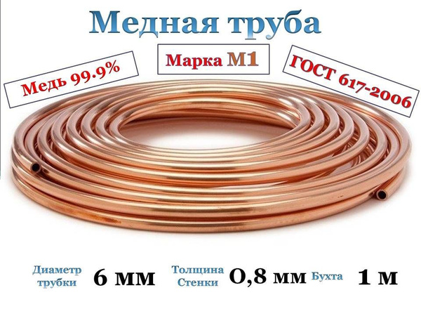 Медная трубка 6*0.8 мм, бухта 1 метр - Ангренский трубный завод арт ...