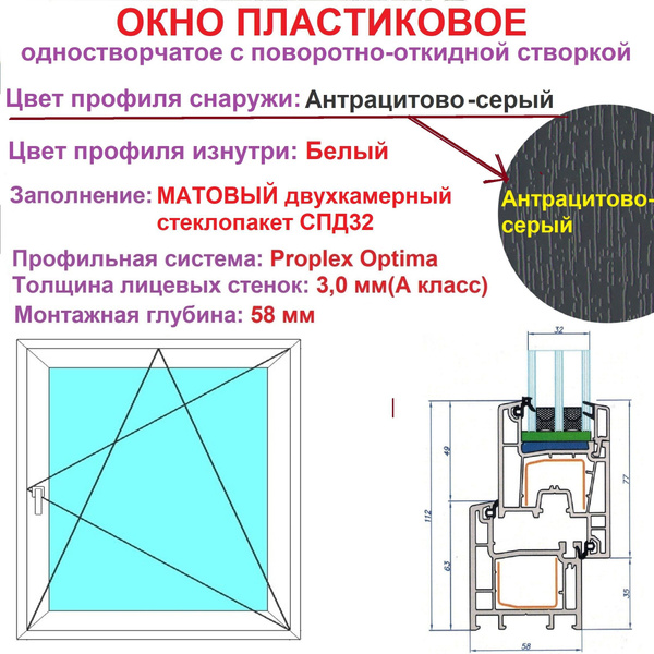 Окно пластиковое Одностворчатое с поворотно-откидной створкой и с .