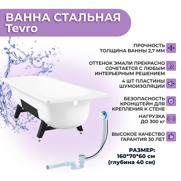 Ванна стальная ВИЗ Tevro 160x70 с ножками/ слив-перелив полуавтомат в ...