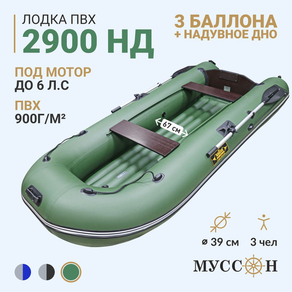 Лодка ПВХ под мотор Лодки Поволжья 2900 НД с надувным дном / зеленая ...