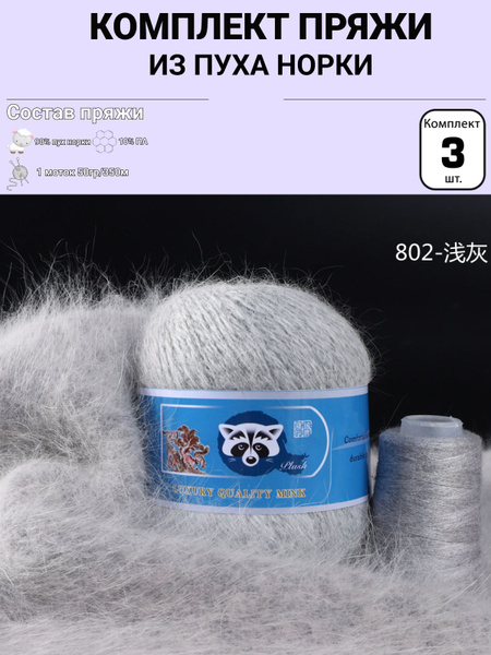 Пух норки пряжа для вязания Mink Wool 50г, 350м (цвет 802 св. серый ...
