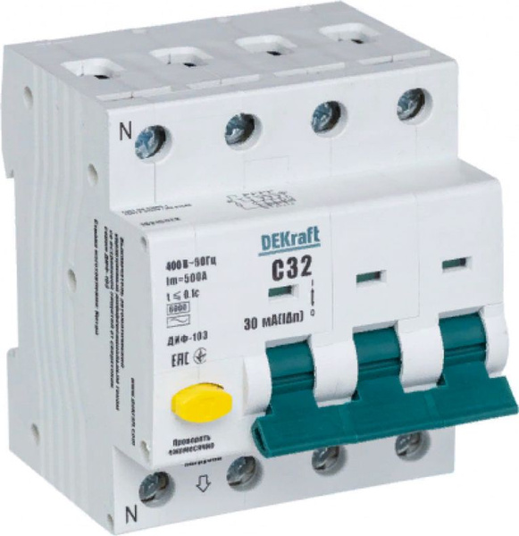 Дифференциальный автомат DEKraft / ДеКрафт ДИФ-103, 3П+N 32А 30мА 6кА ...