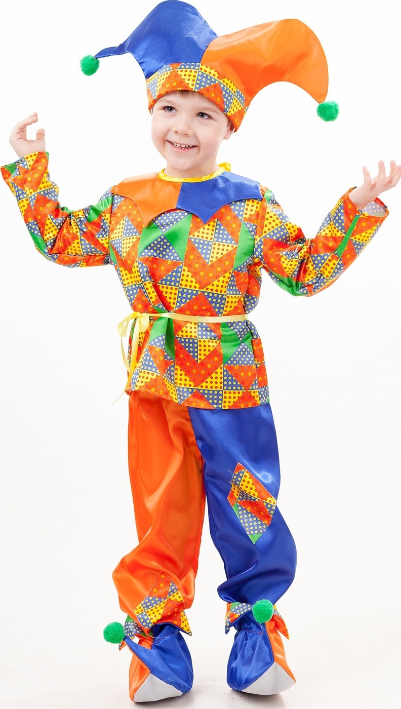 фото Карнавальный костюм Петрушка рубашка с поясом, брюки, колпак, башмачки размер 134-68 Пуговка