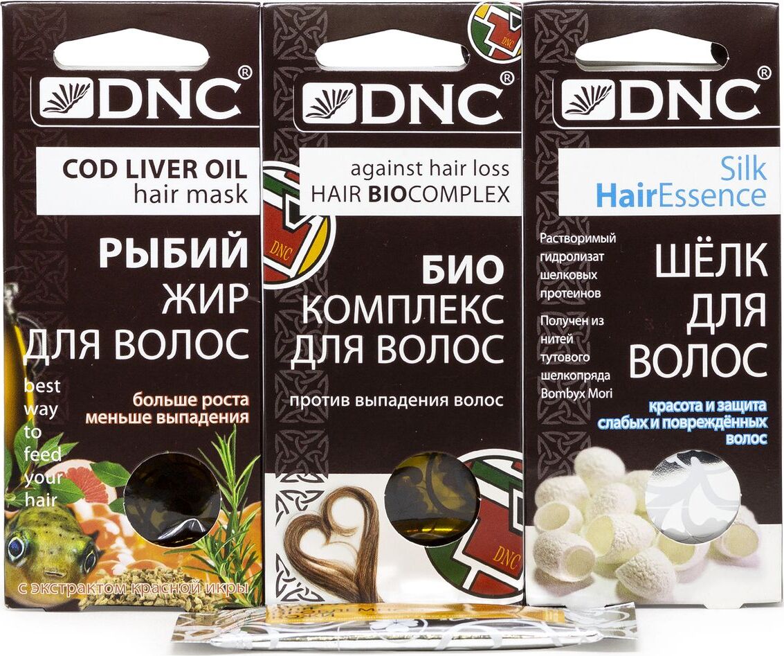 Набор для волос DNC: рыбий жир для волос, 15 мл х 3 шт + биоактивный комплекс против выпадения волос, 15 мл х 3 шт + шелк для волос, 10 мл х 4 шт + подарок маска для проблемной кожи, 15 мл - изображение