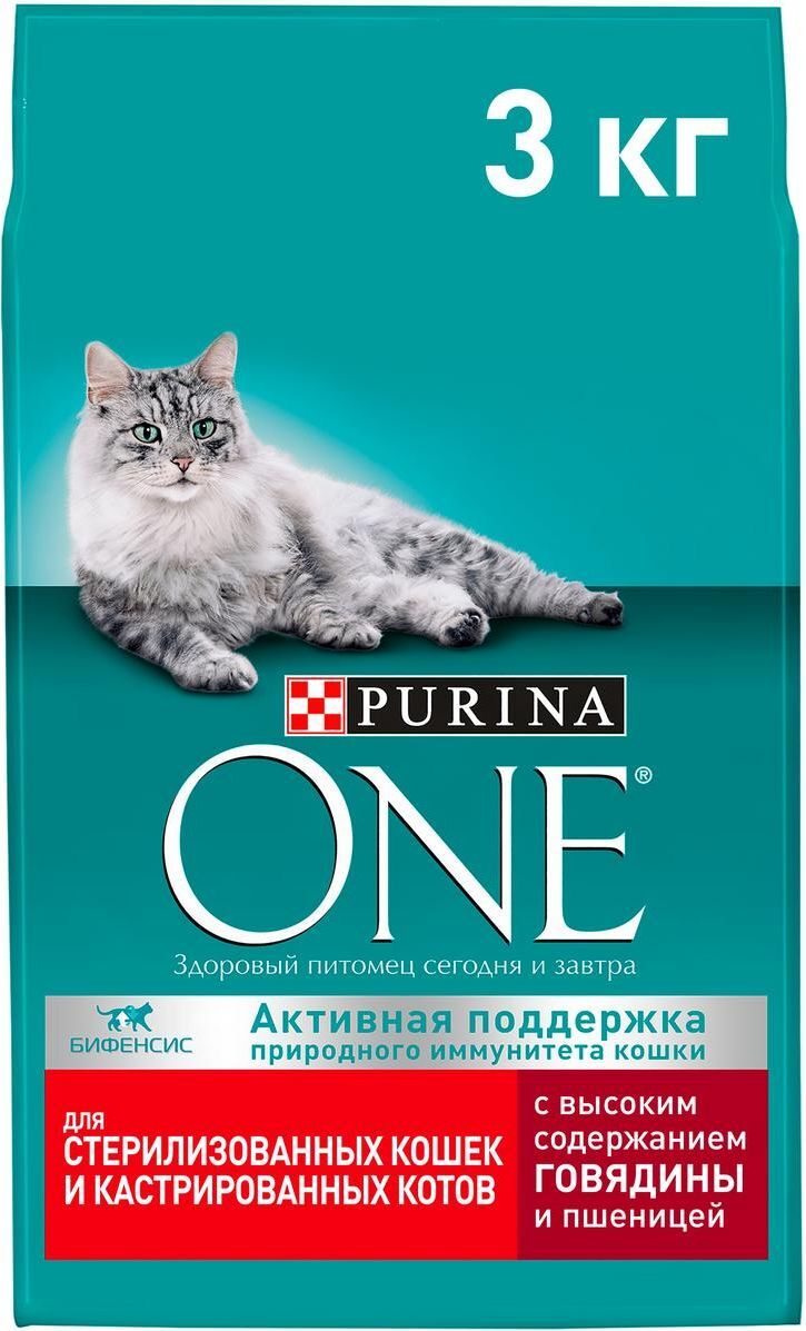 Сухой корм Purina ONE для стерилизованных кошек и кастрированных котов, с  высоким содержанием говядины и пшеницей, 3 кг