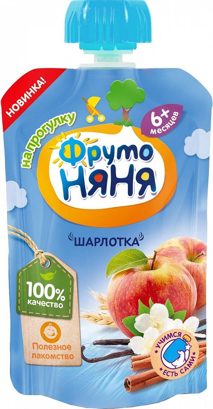 Пюре фруктовое ФрутоНяня с 6 месяцев, из яблок с печеньем шарлотка, 90 ...