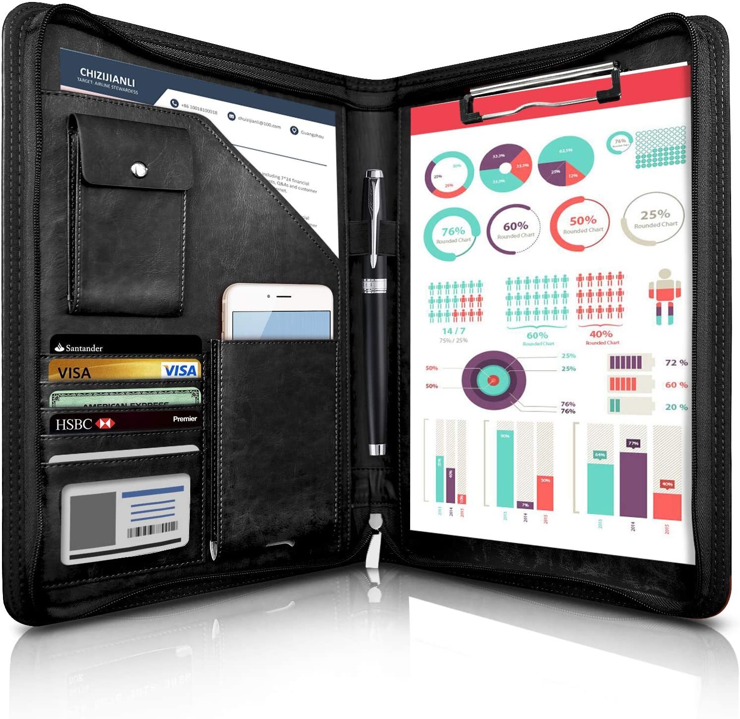 Внутри органайзера есть 1 место с зажимом формата А4, 1 карман для 