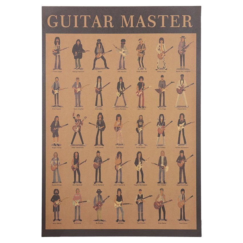 Винтажный постер с гитаристами. Guitar masters. Декор дома, офиса, комнаты. B3. Напечатан на бумаге хорошего качества. В подарочном/транспортном тубусе