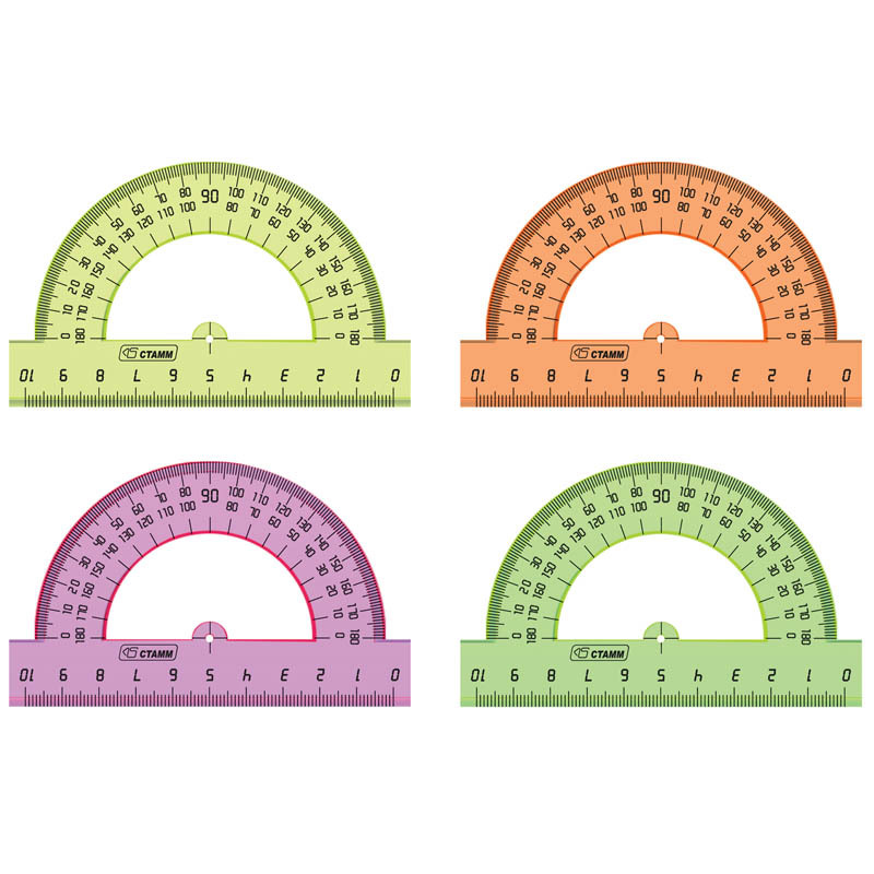 Транспортир 10 см, 180 градусов СТАММ, пластиковый, прозрачный, неоновые цвета, 3 шт