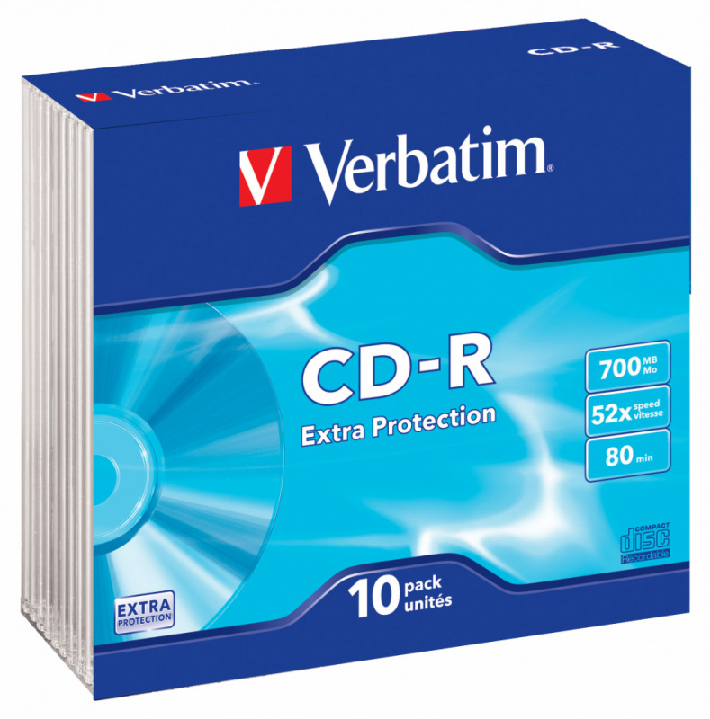 Диск CD-R Verbatim 700Mb 52x Slim case (10 штук, каждый в тонкой коробке) (43415) Extra Protection