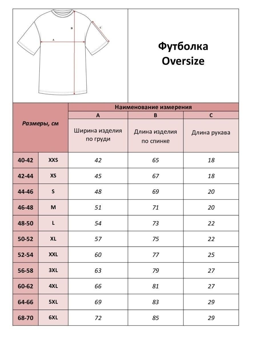 Размеры Oversize футболок