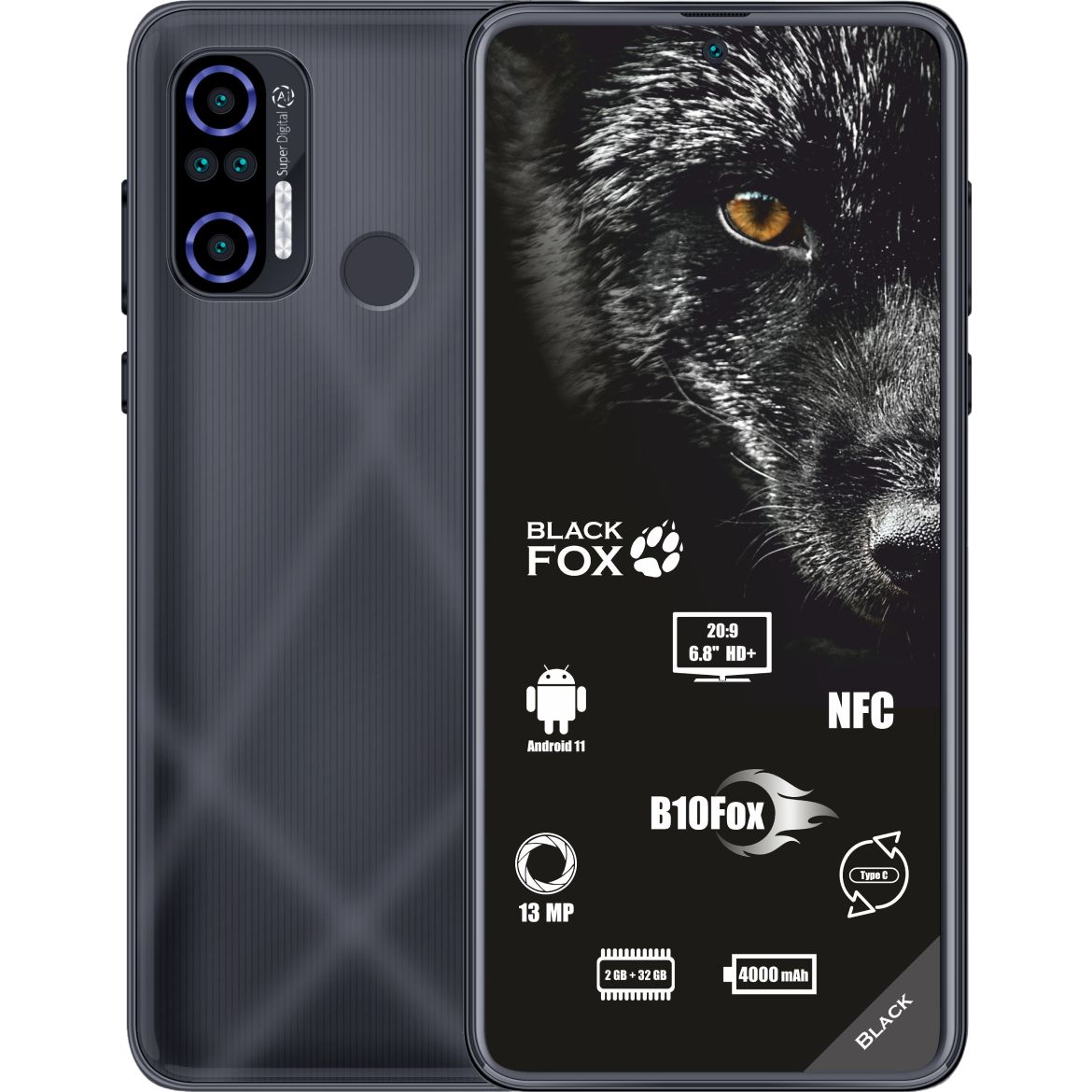 BLACK FOX Смартфон B10 FOX NFC 2/32 ГБ, черный