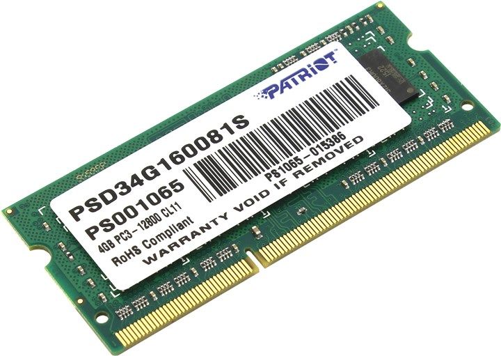 PatriotMemoryОперативнаяпамятьПамятьDDR3SODIMM4Gb,1600MHz(PSD34G160081S)1x4ГБ(PSD34G160081S)