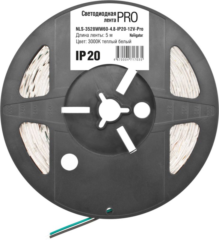 Лентасветодиодная71703NLS-3528WW60-4.8-IP20-12V-ProR54.8Вт/м(уп.5м)тепл.бел.Navigator71703