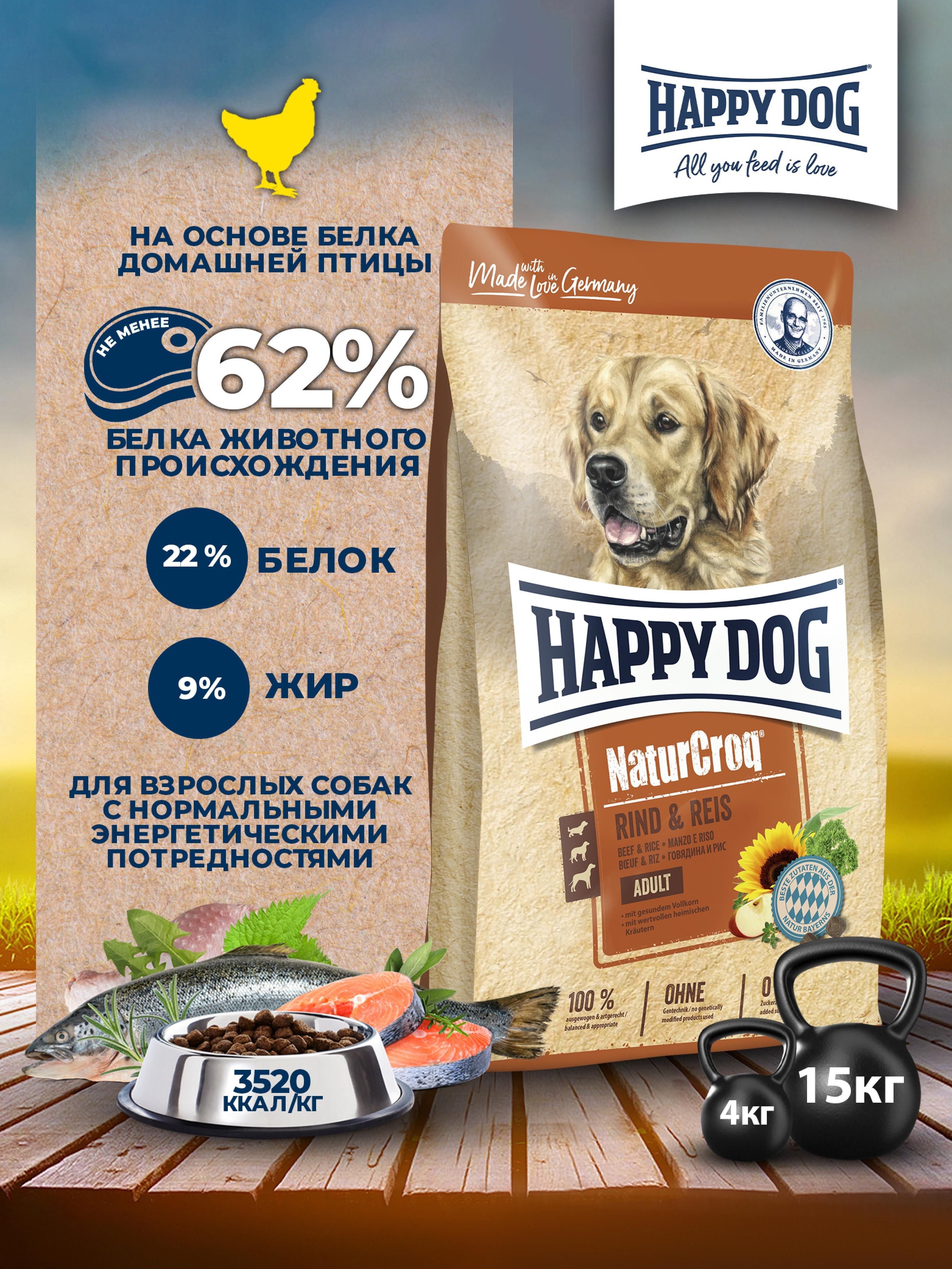 КормHappyDogNaturCroqRind&Reis22/9длявзрослыхсобаквсехпородговядинасрисом15кг