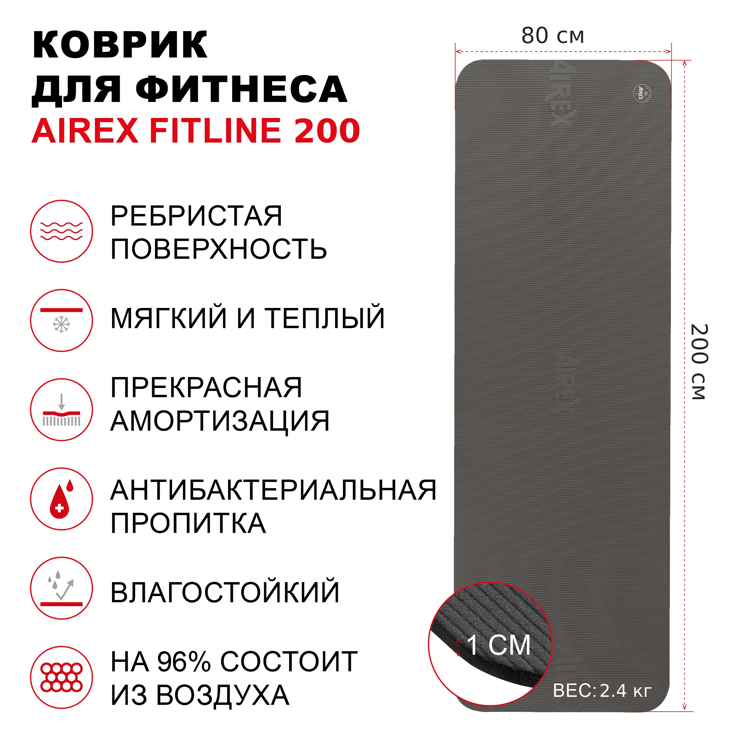 Коврик гимнастический для фитнеса AIREX Fitline 200, 200х80х1 см.,  темно-серый - купить в интернет-магазине OZON с быстрой доставкой  (715015492)