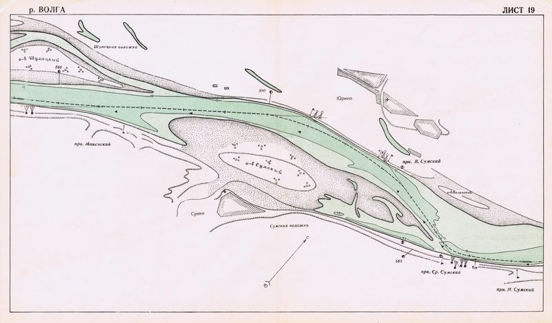 Антикварная лоцманская карта. Волга в районе поселка Юрино Марийской АССР (Республика Марий Эл). Смешанная техника. СССР, 1956 год