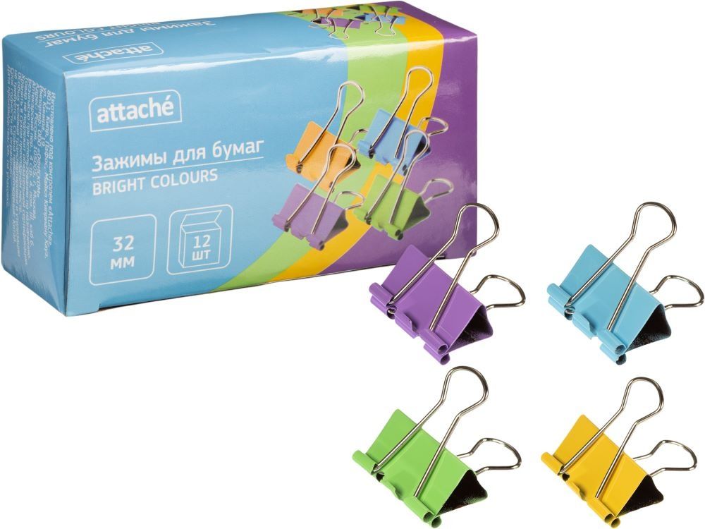 Зажим для бумаг Attache Bright Colours 32 мм, цветной, 12 шт, в коробке