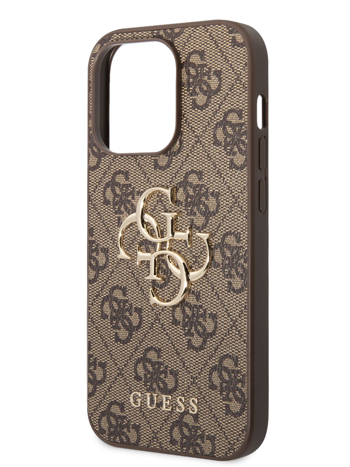 Чехол Guess PU leather на iPhone 14 Pro Max / для Айфон 14 Про Макс, с  защитой камеры, со вставкой из экокожи, с металлическим логотипом, с  принтом 4G, коричневый - купить с