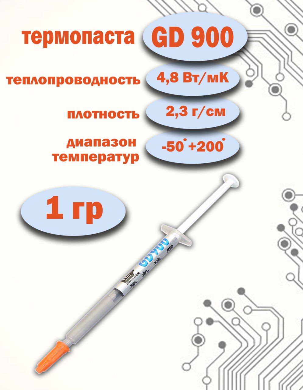 Термопаста GD900 1 грамм, теплопроводность 4.8 Вт/мК