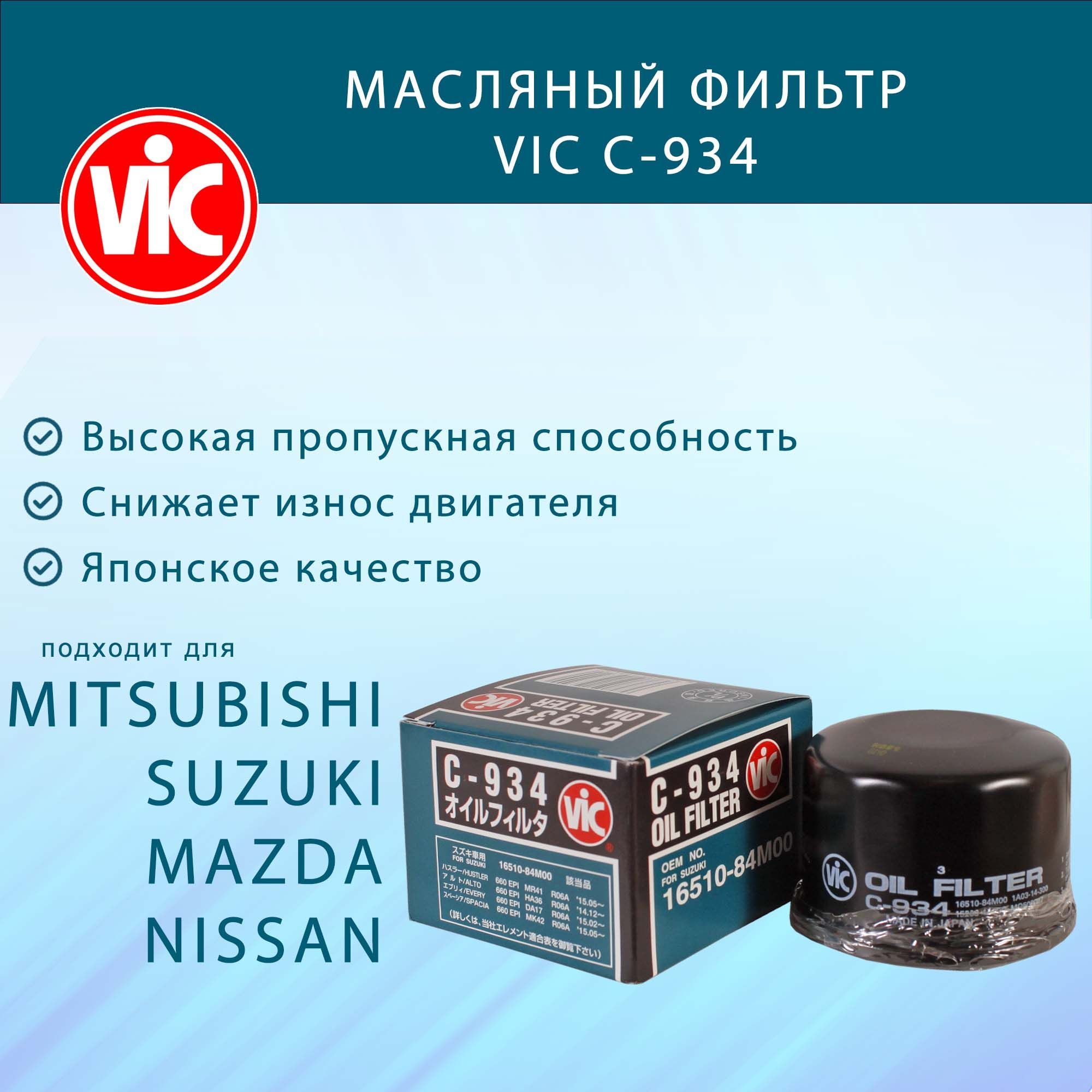 Фильтр масляный VIC C-934 (C934) для Aveo CHERY QQ6, Sweet, MAZDA FLAIR, CAROL MITSUBISHI DELICA, MINICAB, TOWN BOX NISSAN NT100, NV100 SUZUKI SPACIA SWIFT IGNIS BALENO ALTO WORKS SOLIO TOYOTA Duet