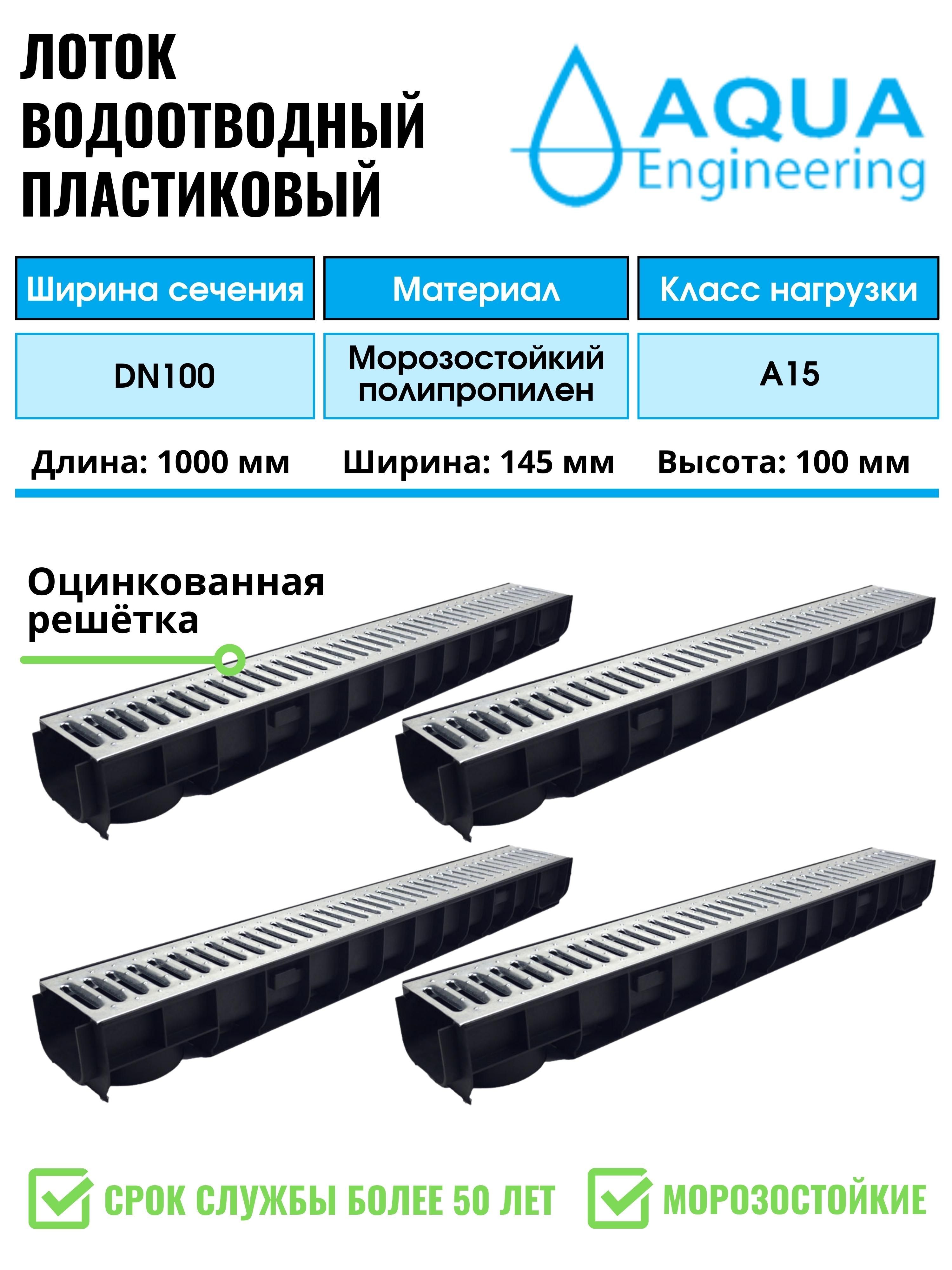 Лоток водоотводный пластиковый дренажный, с решеткой штампованной оцинкованной, 1000x145x100 (4 шт)