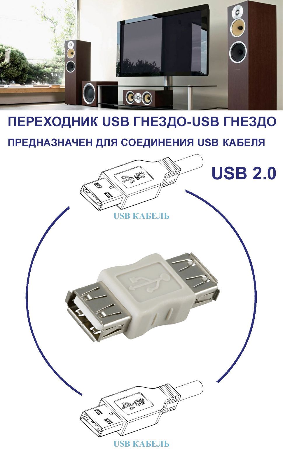 Переходник-удлинительUSB2.0A(Female)-USB2.0A(Female)соединяеткабелиUSB,серый