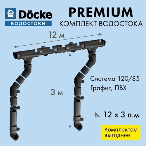 Водосток для крыши дома Docke Premium 120/85, размерность 12х3м, цвет - ГРАФИТ / Водосточная система Деке Премиум Комплект