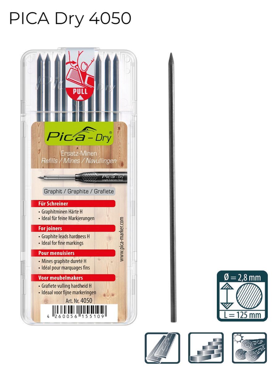 PICA-MARKER4050НаборгрифелейдлякарандашаPica-Dry(10штграфитовые,твердостьH)вкейсе