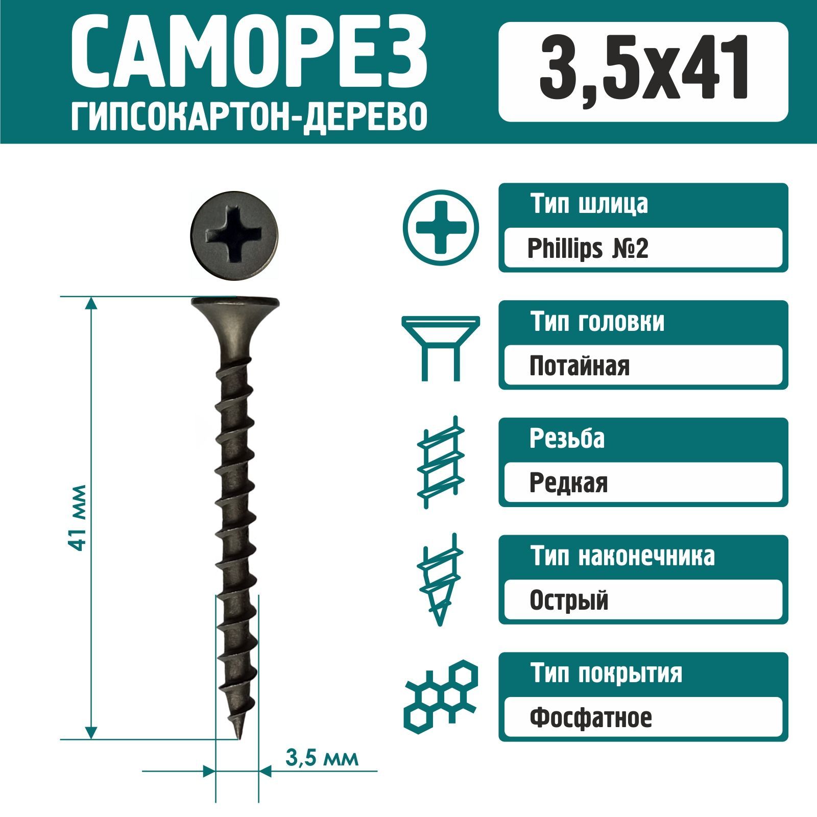 Саморез Rizzel 3,5х41 по дереву фосфатированный (250 шт)