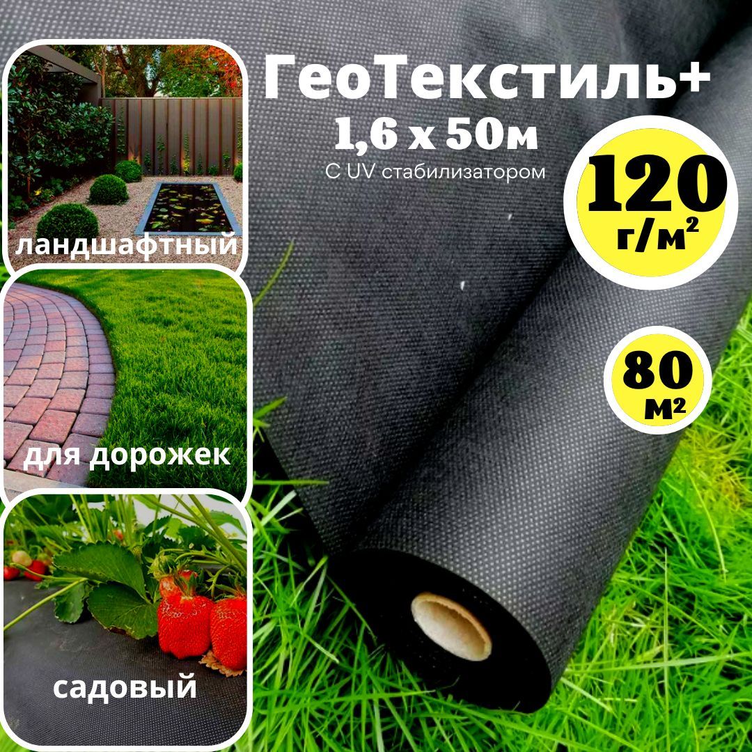 Геотекстиль 120 г/м.кв. садовый, строительный, для дорожек 1,6 х 50 м. (80 м.кв.) агроткань от сорняков 120 г/м.кв. ландшафтный под тротуарную плитку, под щебень, геоткань черный, агротекстиль