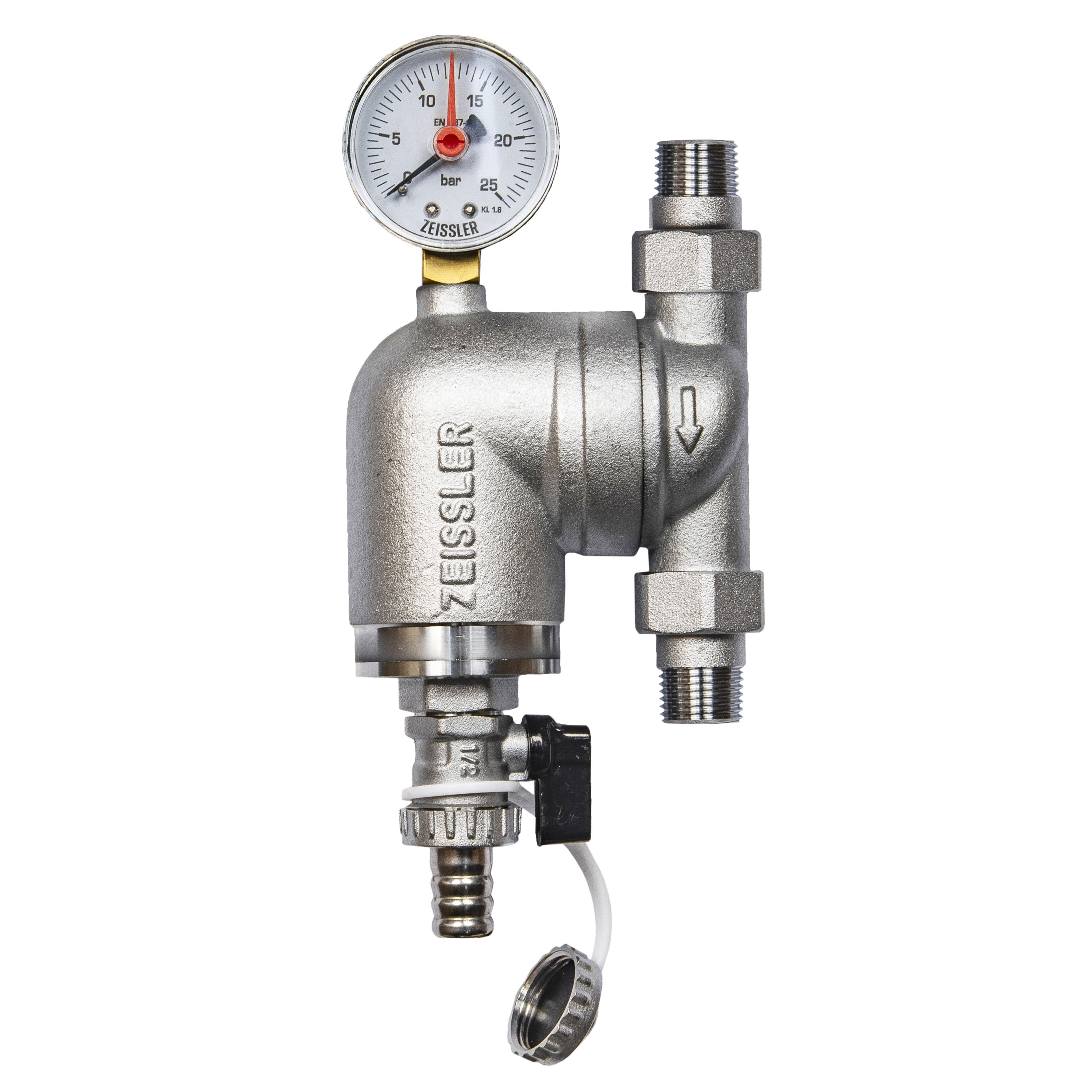Фильтр промывной 1/2" с поворотным соединением, манометром, американками и дренажем, никелированный, Zeissler, ZSf.303.0104N