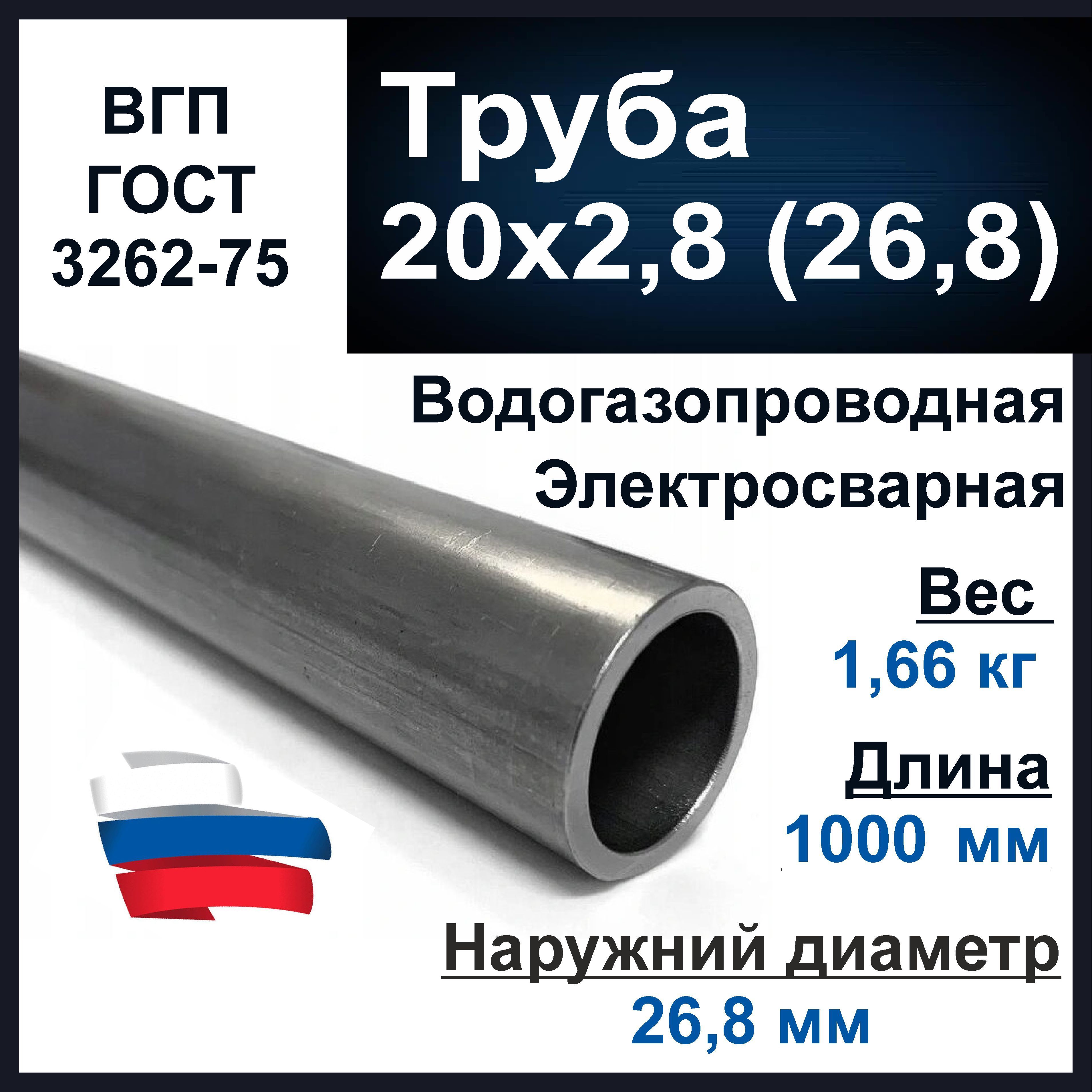 Труба20х2,8(26,8)стальная.Водогазопроводная(ВГП20)ГОСТ3262-75.Толщинастенки2,8мм.Длина1000мм.