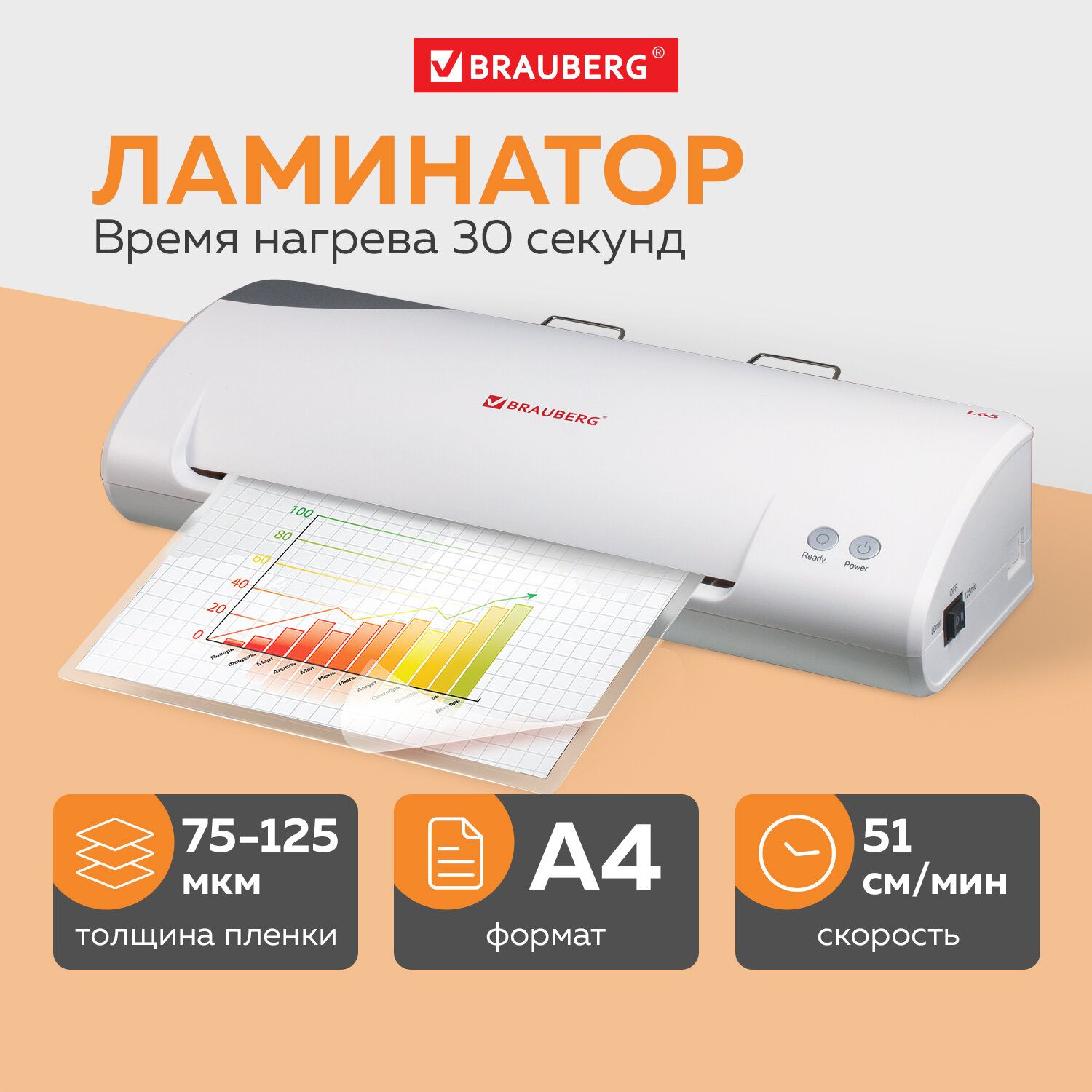 Ламинатор BRAUBERG L65, формат А4, толщина пленки 1 сторона 75-125 мкм, скорость 51 см/мин, 531352