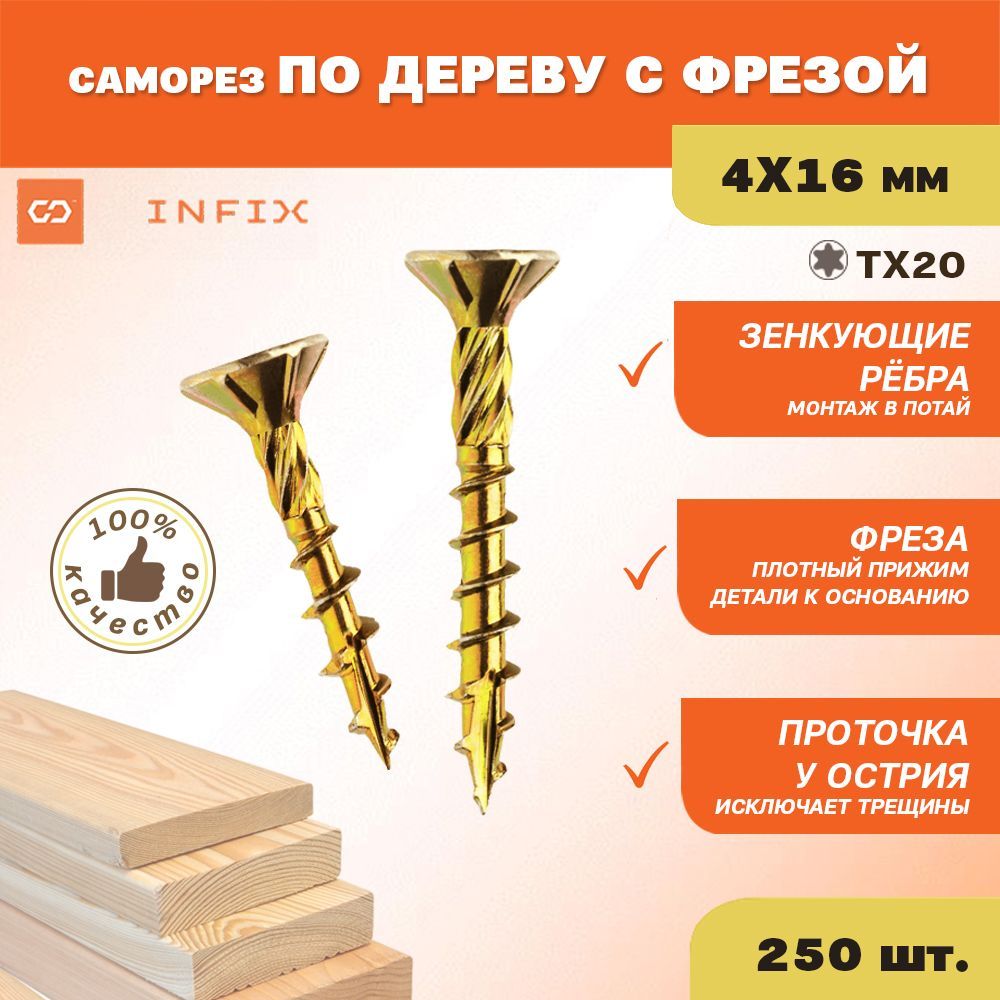 Саморезыподеревужелтыесфрезойпотайн.4х16цжTX20INFIX(упак250шт)