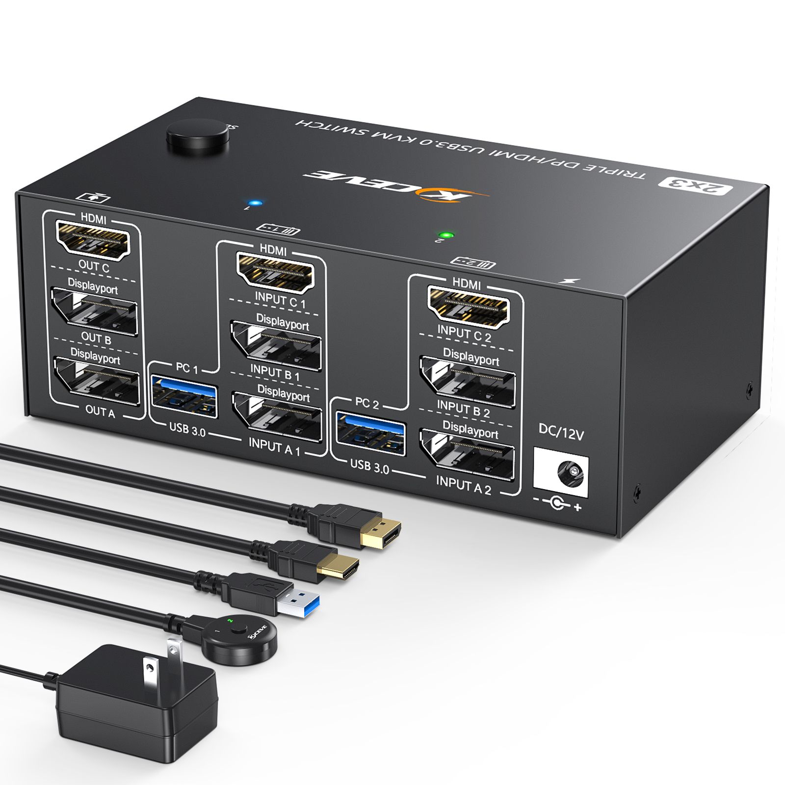 Переключатель AVE HDSW KVM 2UT (2 PC, Triple monitor DP+DP+HDMI 8K 60Hz, USB 3.0, remote control, power adapter)