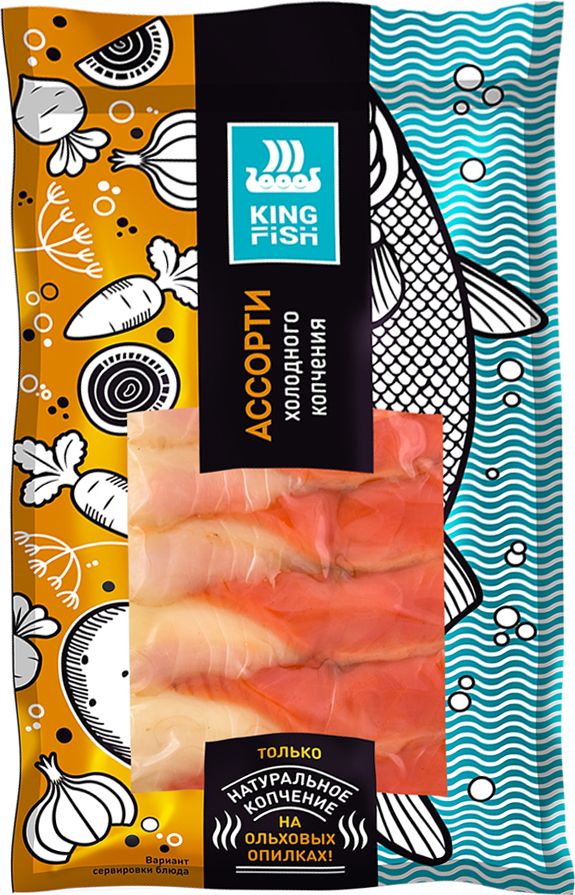 Ассорти рыбное из Кеты и Клыкача холодного копчения KINGFISH, ломтики, 120 г