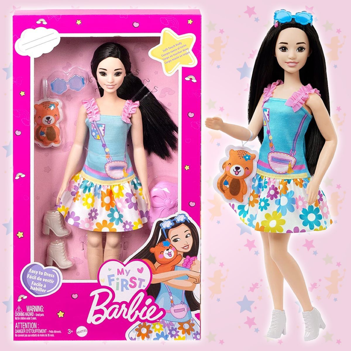 Кукла Барби 35 см коллекция My First Barbie, мягкое подвижное тело, черные  волосы, аксессуары