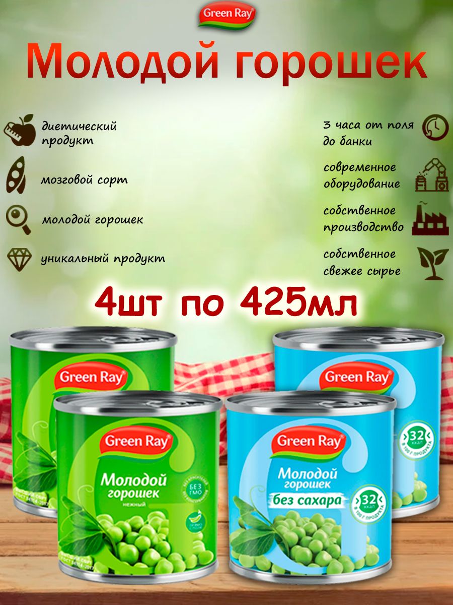 Горошек молодой + Горошек без сахара, Green Ray,2+2 шт по 425мл