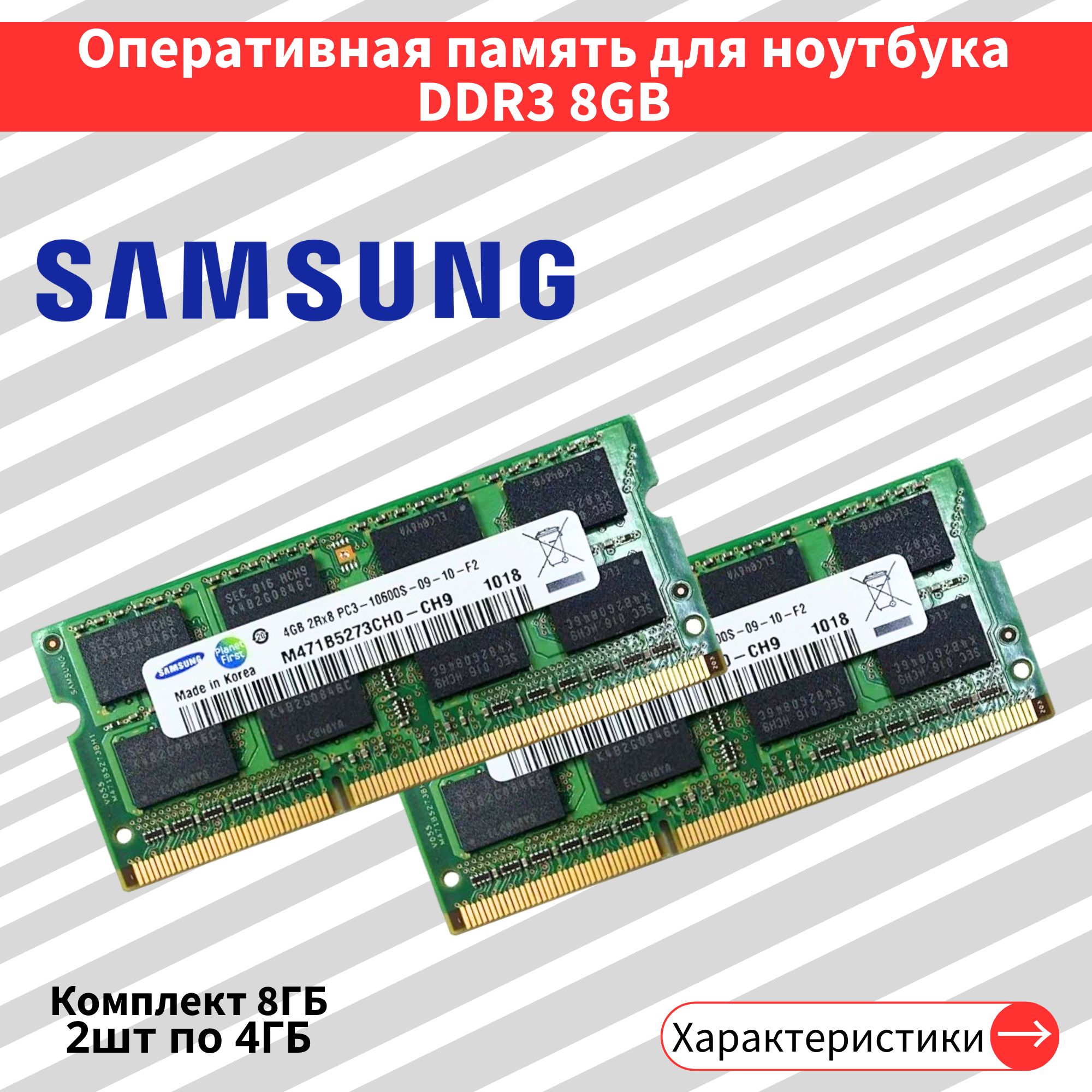 ОперативнаяпамятьDDR32штпо4GB1333MHz1.5VCL9SODIMM2x4ГБ(M471B5273CH0-CH9)