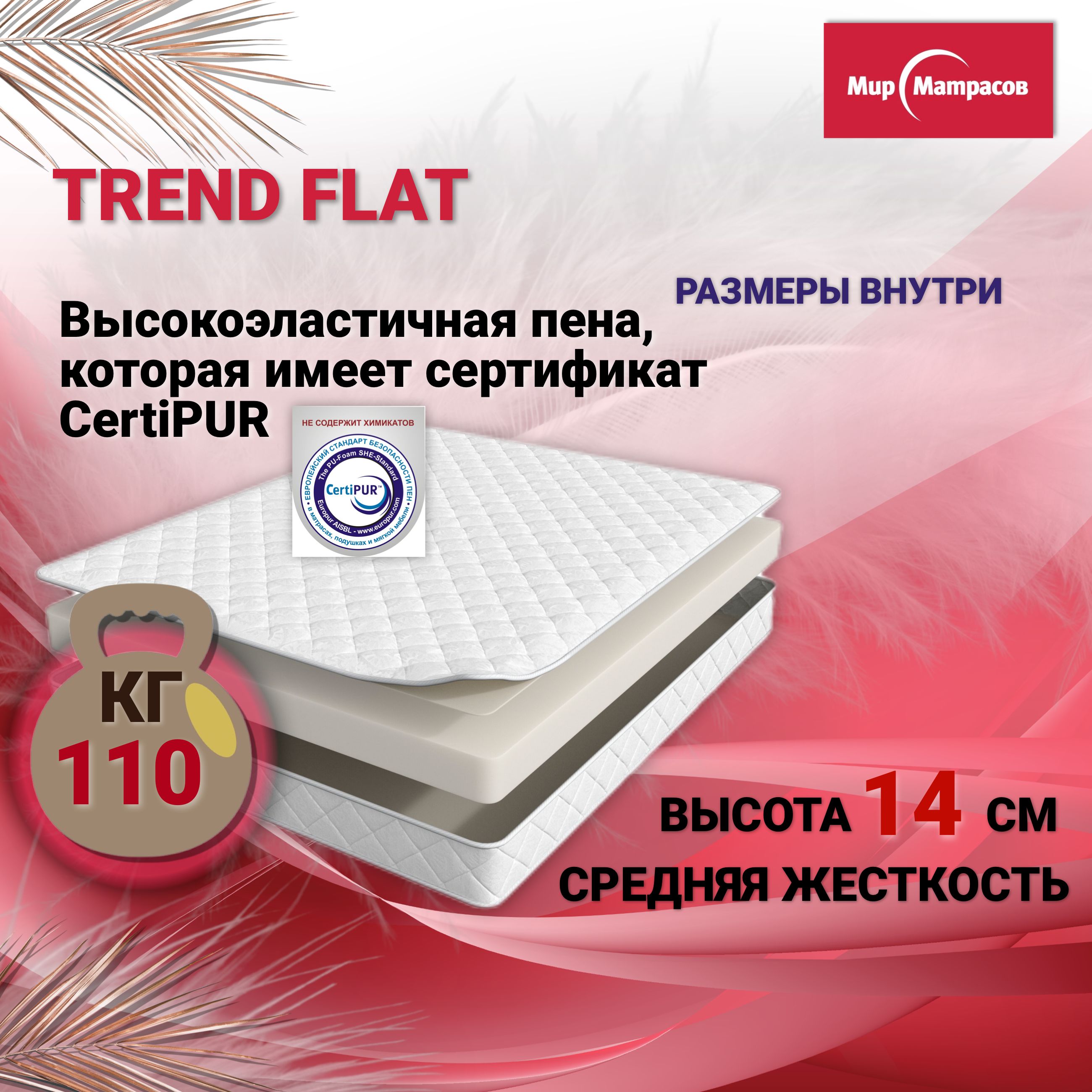 Матрас80х200х14смбеспружинныйTrendFlatодноспальный,среднейжесткости,детский,подростковый