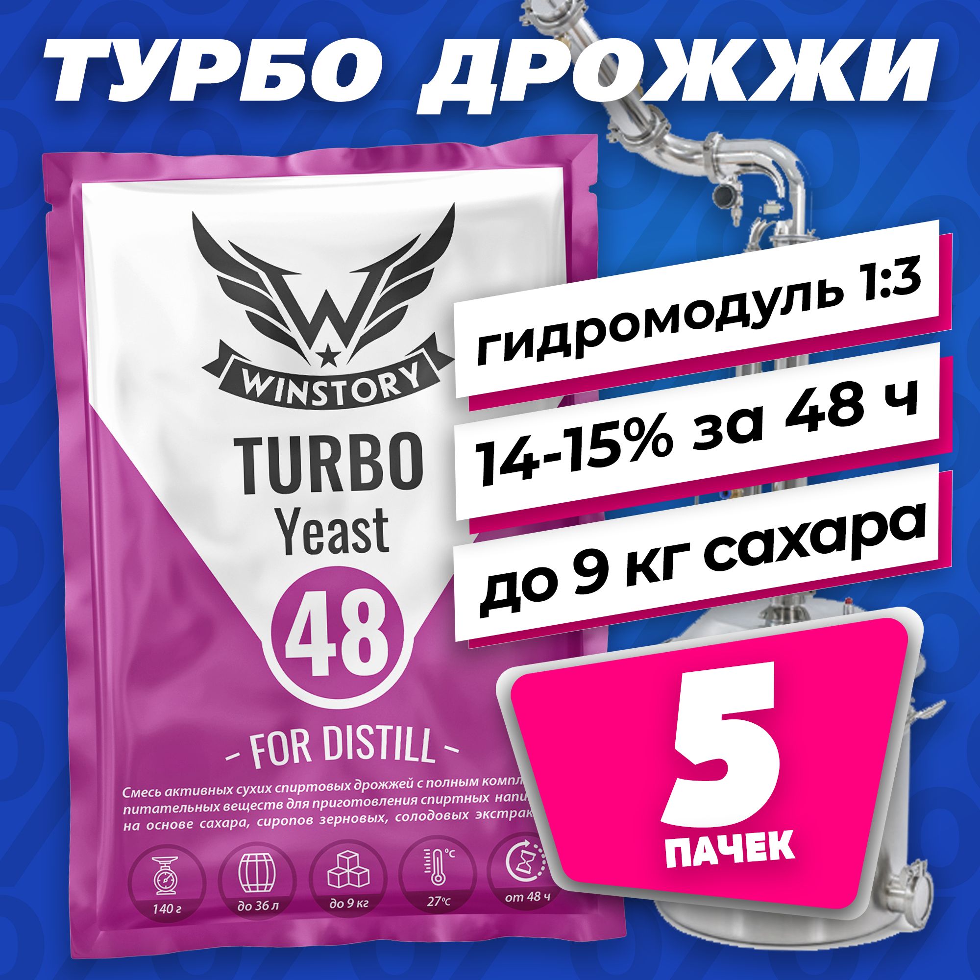 Спиртовые турбо дрожжи для самогона Winstory Turbo 48, 5 x 140 г (винстори  турбо 5 штук в комплекте) - купить с доставкой по выгодным ценам в  интернет-магазине OZON (724491215)