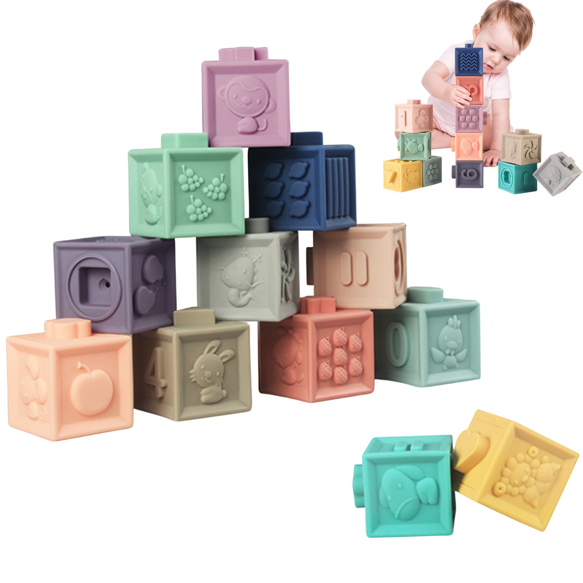Развивающие мягкие кубики IQ + (12 шт) пастельные цвета/ Многоразовая ЭКО упаковка / Игрушки развивающие #1
